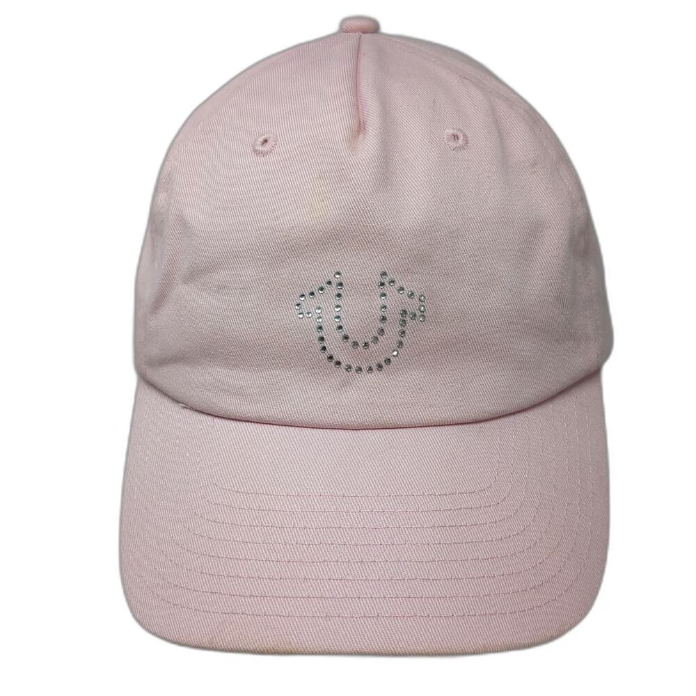 True Religion 5 Panel Pink One Size Hat Rhinestone Horseshoe Logo Bling Snapback